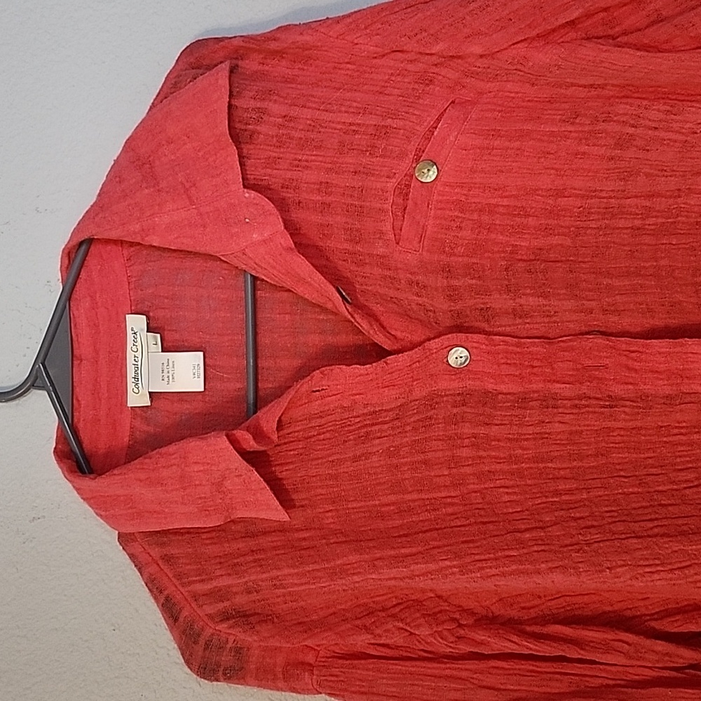 Coldwater Creek women's coral 100% linen button up roll tab sleeves